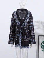 Vintage Tassels Print Women's Print Cardigan V-Neck Lace Up Full Sleeve Spliced Sweaters 2025 Autumn Lady All-match Kintwears - Image 2