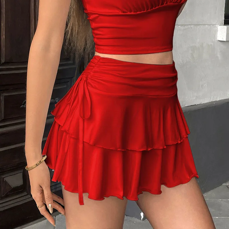 2026 New Women's Summer Mini Skirt Solid Color Versatile High Waist Slim Fit Short Skirts Lace-Up Ruffles A-Line Pleated Skirts