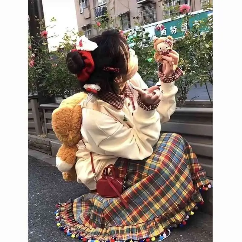 Rainbow candy bean plaid retro salt series colorful plaid pleated skirt autumn and winter half lace cute skirt