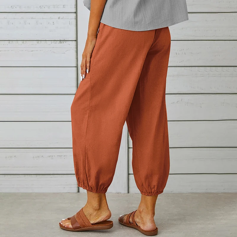 Cotton Linen Women Summer Outdoor Harem Pants Casual Loose Button High Waist Pocket Trousers Vintage All-Match Yoga Baggy Pants