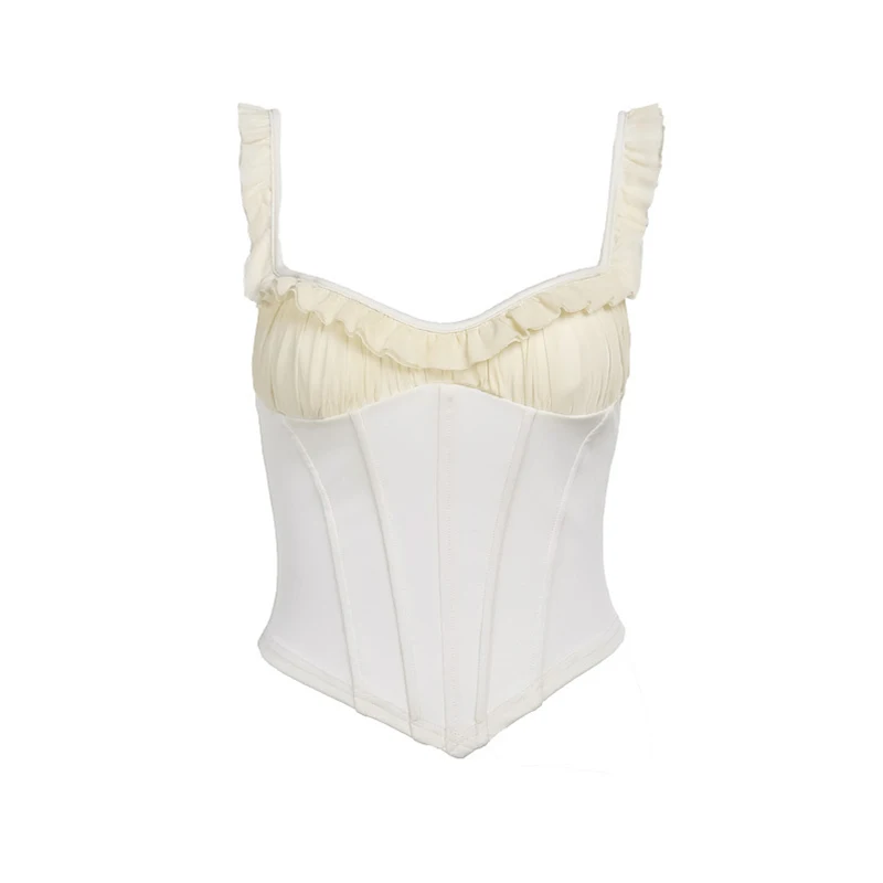 Top Corsetto Donna Con Scollo A V In Pizzo Y2K – Canotta Estiva Increspata, Scollato, Taglio Basso