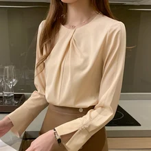 

Ladies Chiffon Shirts Long Sleeves Casual Round Neck Shirts Loose Ruffled Solid Pullover Camisas Mujer Tops Korean Fashion