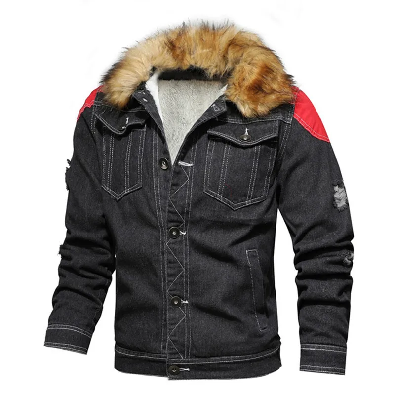 

2023 Winter Men Denim Jackets Casual Warm Thick Light Blue Jean Coats Men Cotton Fur Collar Fleece Denim Jackets Coat M-6XL