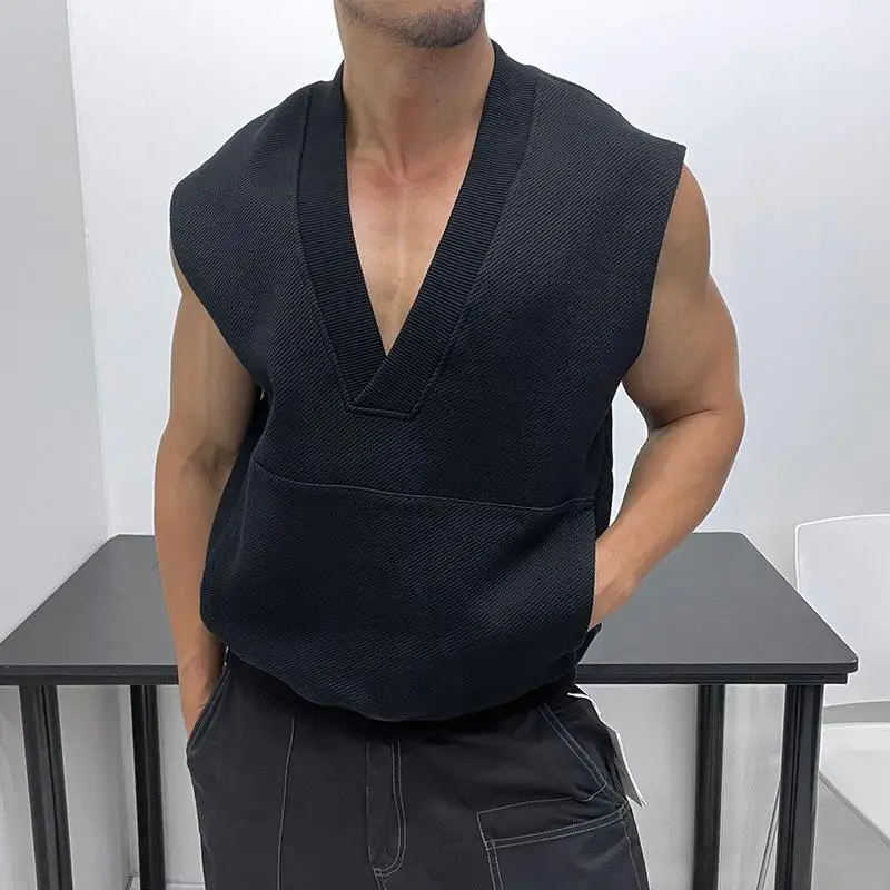 

Man Clothes V Neck Knitted Sweaters for Men Motorcycle Waistcoat Vest with Pockets Sleeveless Maletry Cotton Order Old Casual A