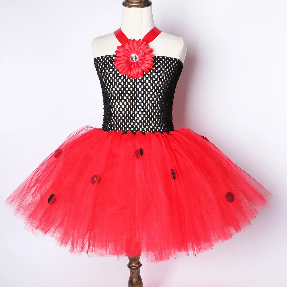 Spots Lady Beetle Fairy Costumes for Girls Halloween Carnival Fancy Tutu Dress with Wings Set Kids Insect Bug Birthday Outfits
