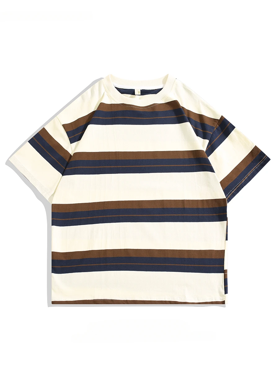 

Мужская футболка в контрастную полоску с коротким рукавом, модные летние универсальные Свободные повседневные пуловеры в японском студенческом стиле с круглым вырезом, топы