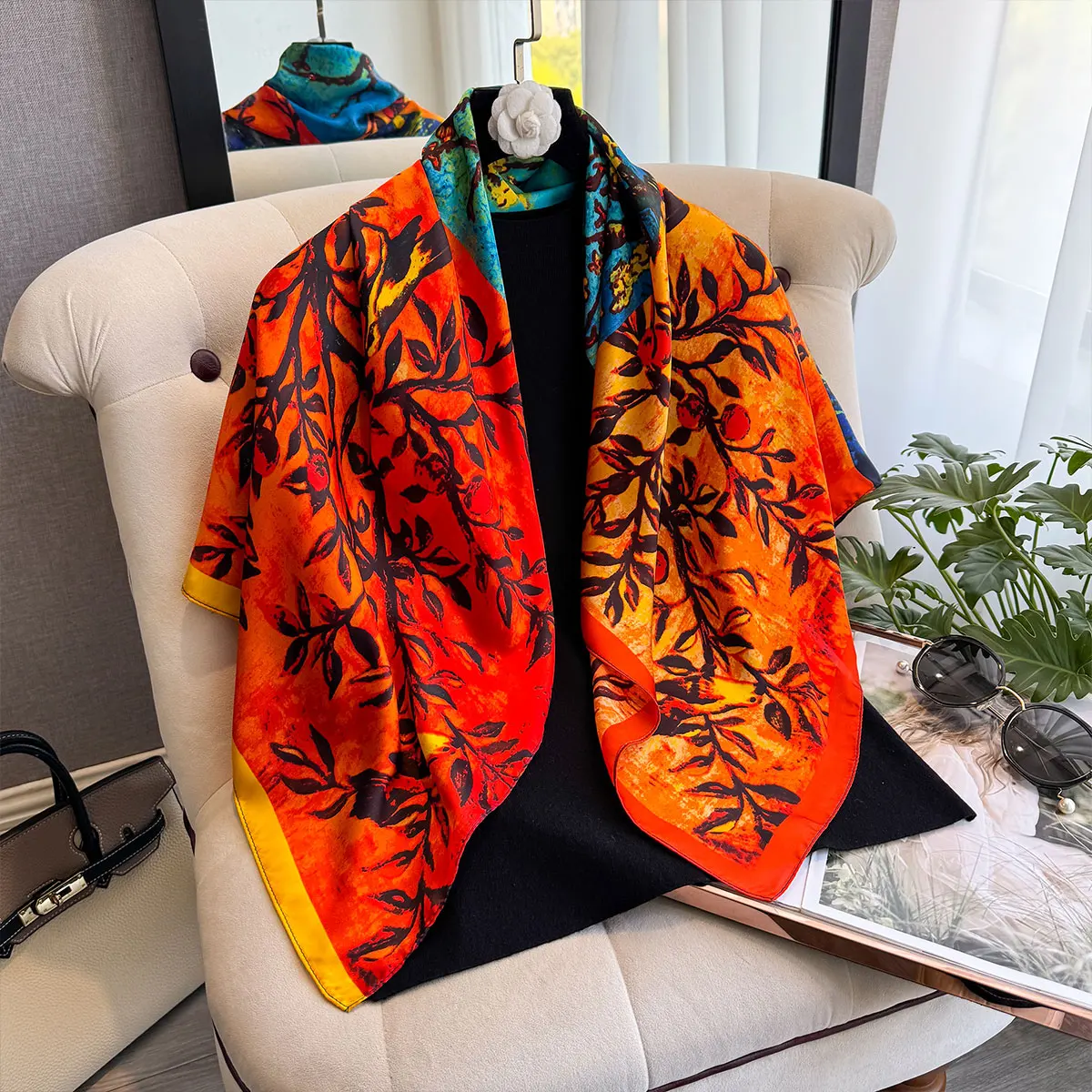 Spring and Summer Floral Design 90*90cm Women Scarf Sunscreen Foulard Shawl Hijab Female Hair Hijab Wraps Neckerchief Bandanda