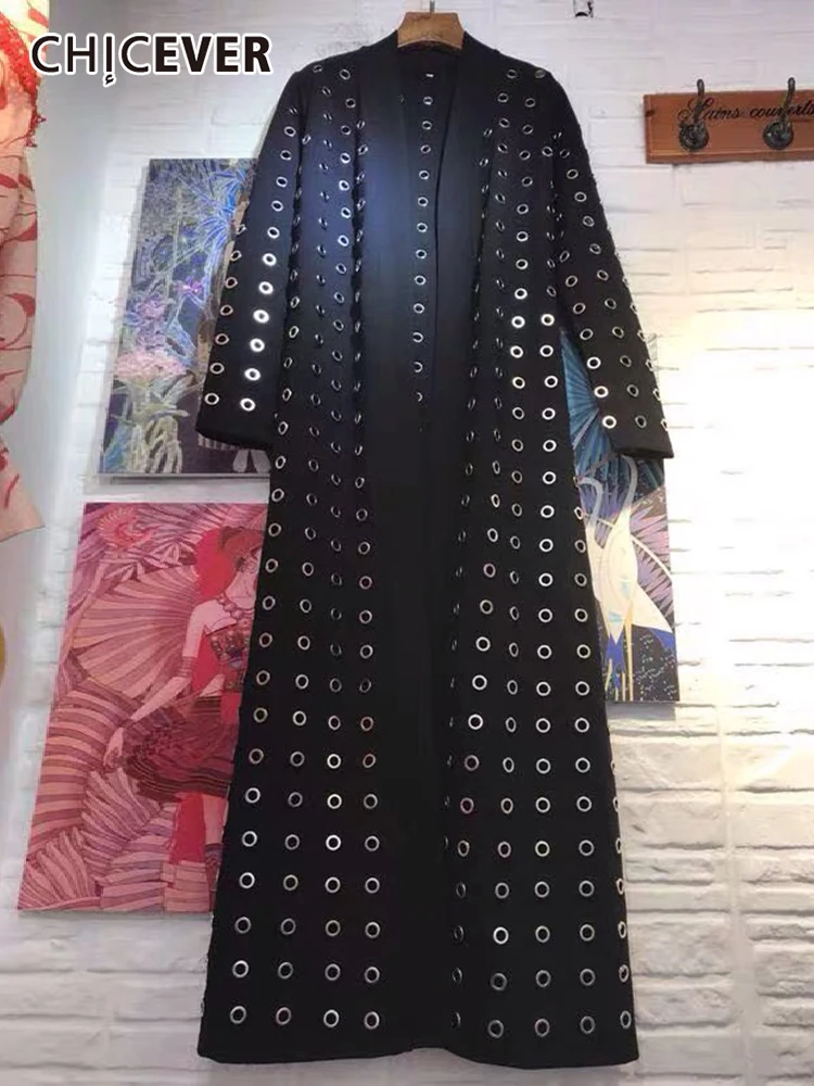

CHICEVER Black Cut Out Coat For Women V Neck Long Sleeve Solid Minimalist Casual Coats Female Fashion Clothing Style New 2022
