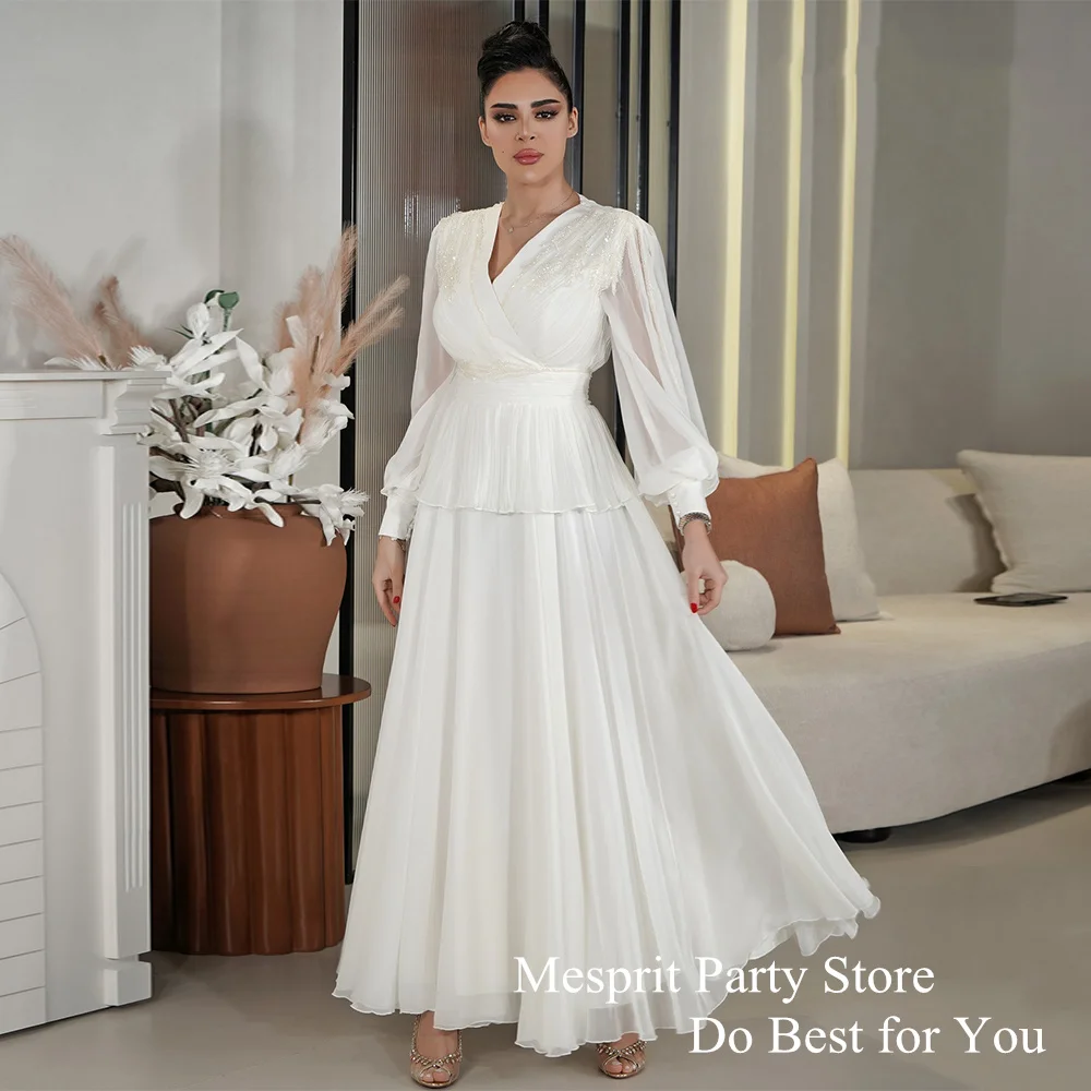 

Ivory Saudi Evening Dress Puff Sleeves V Neck Pleat Beading Chiffon Ankle Length Arab Prom Gown Peplum Occasion Dresses