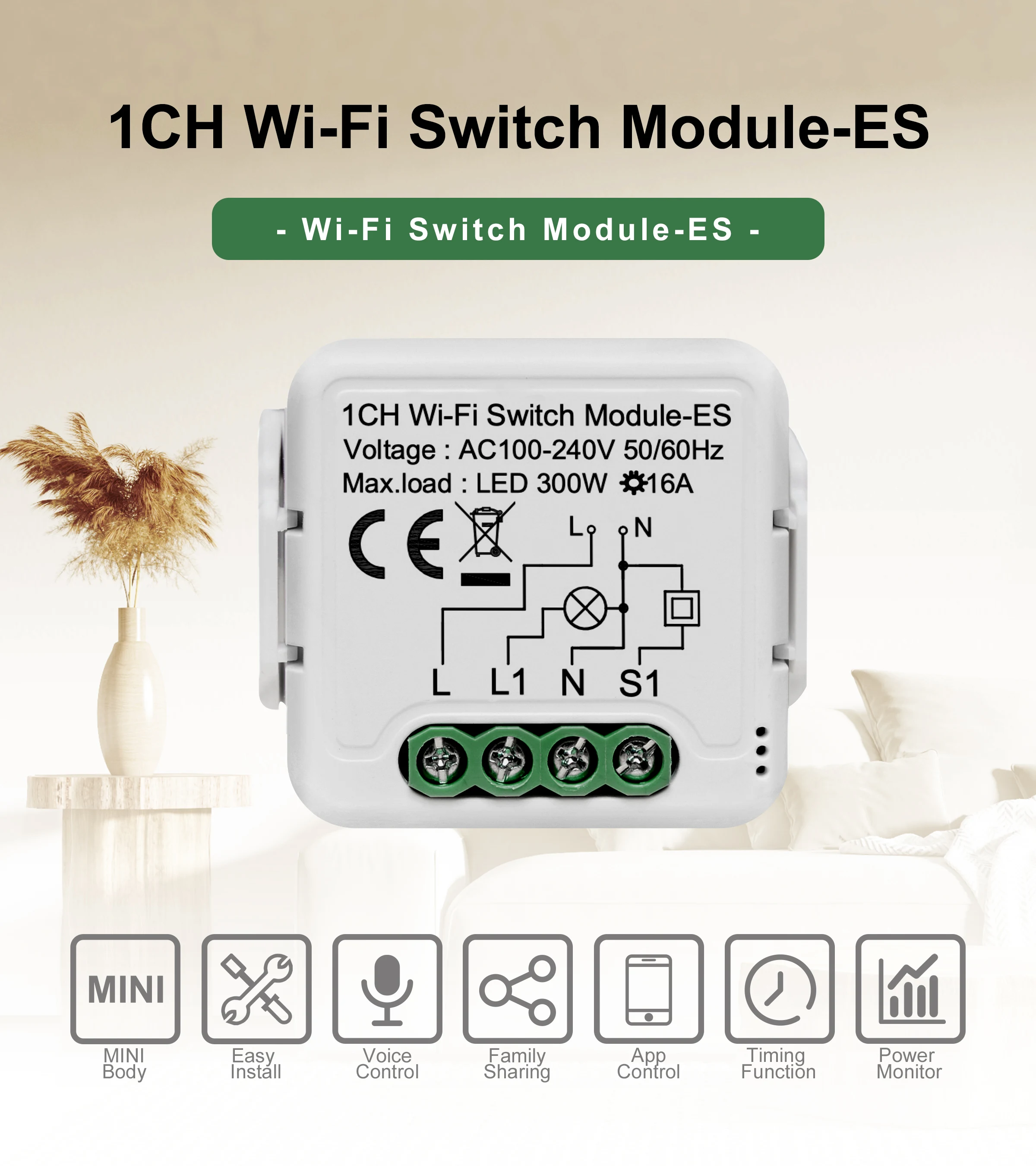 Description Picture 2 of itemGIRIER Tuya Smart Wifi Switch Module with Energy Metering 2 Way Control Function 16A Works with Alexa Google Home Yandex Alice