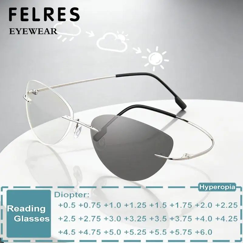 Rimless Memory Titanium Alloy Photochromic Reading Glasses Women Cat Eye Prescription Presbyopic Eyewear Clear Discolour Glasses