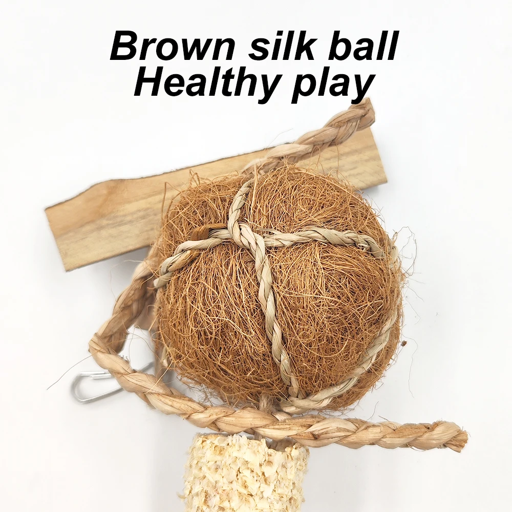 1 pc Natural Brown Silk Ball Bird Climb Hanging Toys Parrot Chew Toy Wooden Training Molar Toys for Bird Cage Pendant Supplies 4