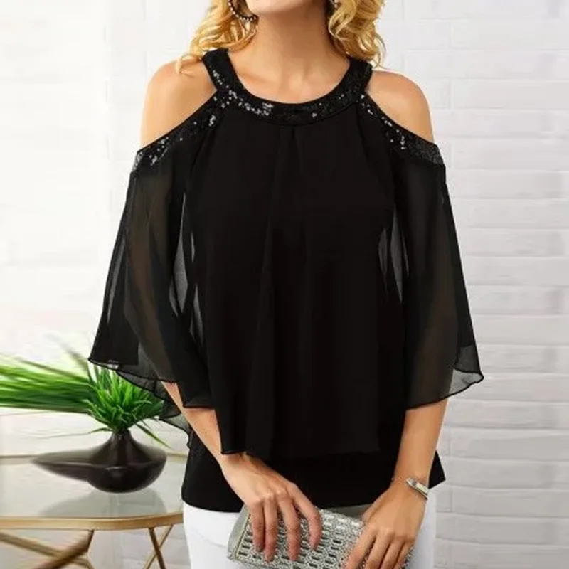 

2023 Spring Women's Casual T-shirt Fashion Sequin Stitching Black Top Sexy Strapless Hanging Neck Mid-sleeve Chiffon Shirt