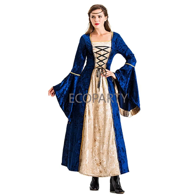 

New Autumn Halloween Retro Palace Princess Queen Costume Golden Velvet Medieval Drama Stage Performance Dress Flare Sleeve Dress