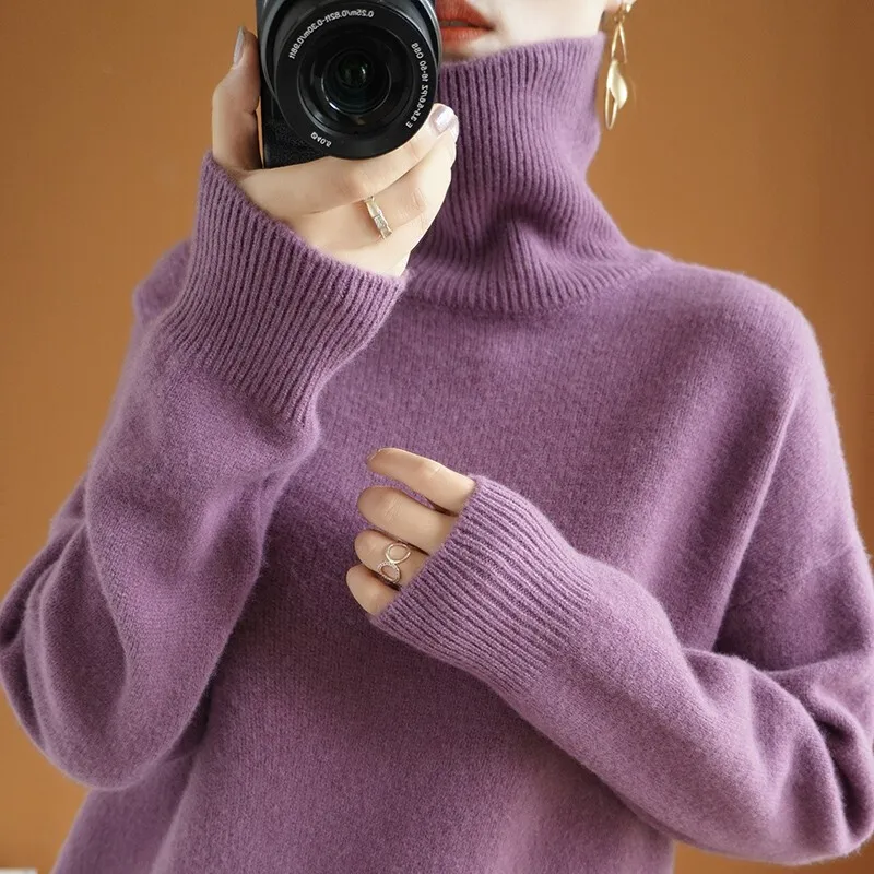 

100% Wool Sweater Women's High Neck Casual Knitting Loose Sleeve Women's Cashmere Sweater Autumn and Winter Pullover Solid Color