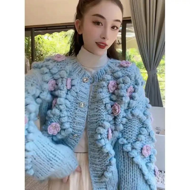 

2023 Fashion Buttons Knitted Cardigan Women Vintage Sweater O-Neck Tops Korean Style Loose Long Sleeve Winter Coats X170