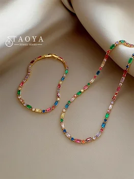 2024 Luxury Design Colorful Zircon Chain Necklace Bracelet Jewelry Sets Korean Fashion Accessories Exquisite Gift for Womens 1