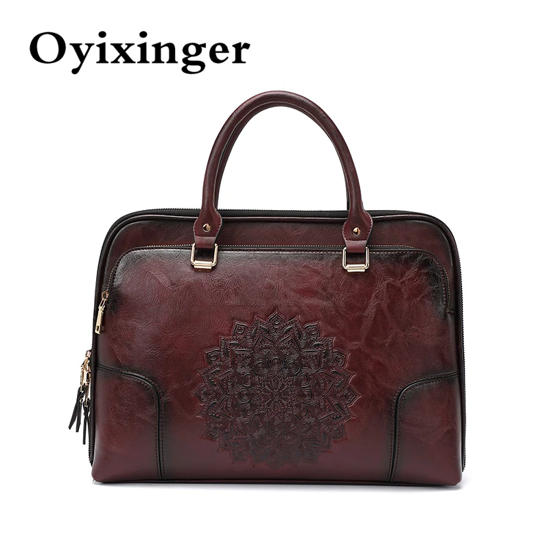 

OYIXINGER Retro Leather Women's Briefcase High Quality Embossed Ladies Shoulder Bags Laptop Briefcases For 14.1" Macbook Hp Dell