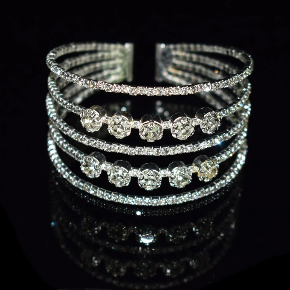 Full Rhinestone 3/5 Row Crystal Open Bangle Multi-Color Rhinestone Women's Bracelets and Bangles Wedding Bridal Jewelry 3
