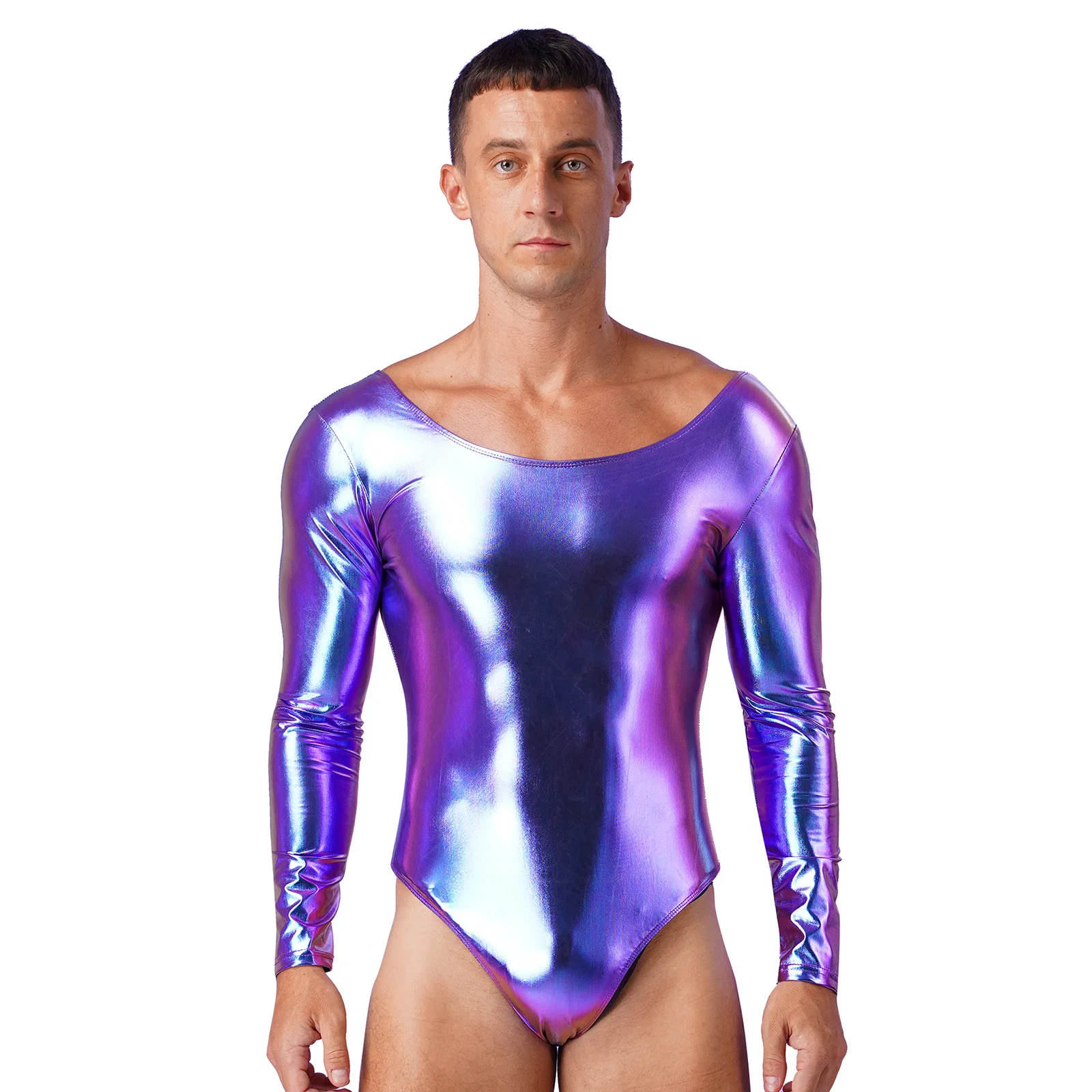 

Mens Fashion Shiny Patent Leather Long Sleeves Bodysuit Swimwear One-piece Monokini Bodycon Leotard Dancewear Gymnastic Exercise