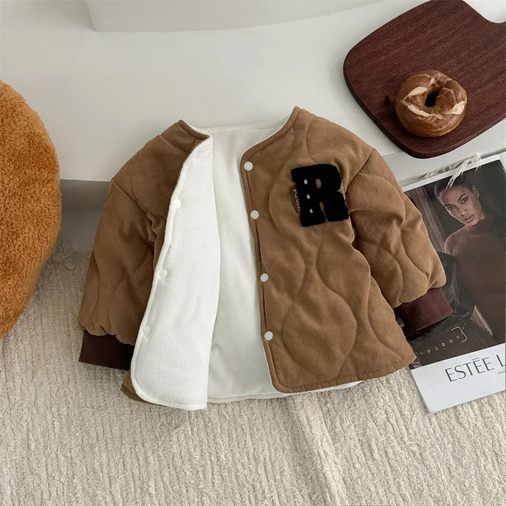 Winter New in Kids Baby Boys Thicken Plush Warm Top Outwear , Toddler Infant Patch Letter Jacket Outfits Fashion Clothing
