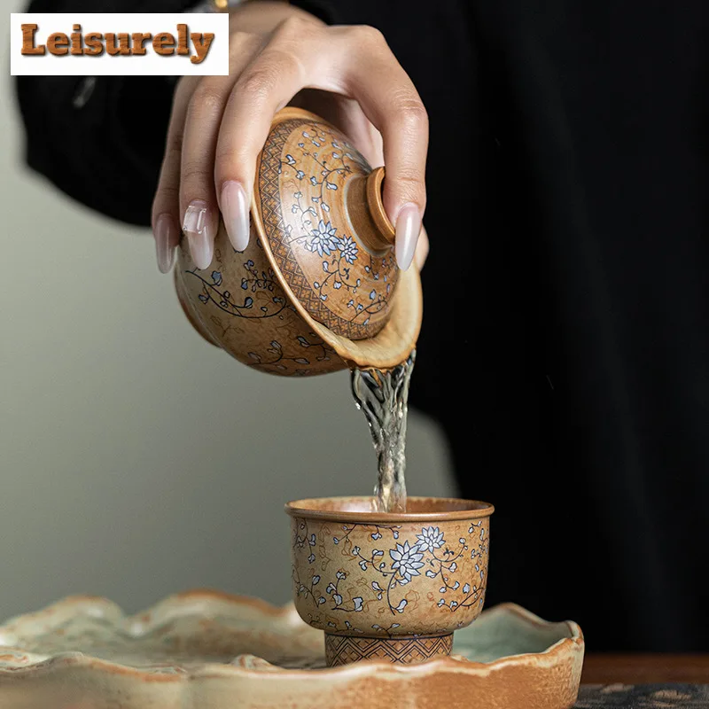 Blue And White Entwined Lotus Travel Tea Set Designer Dunhuang Frescoes Set Of Cups Portable Camping Ceramic Kung Fu Teaset Gift