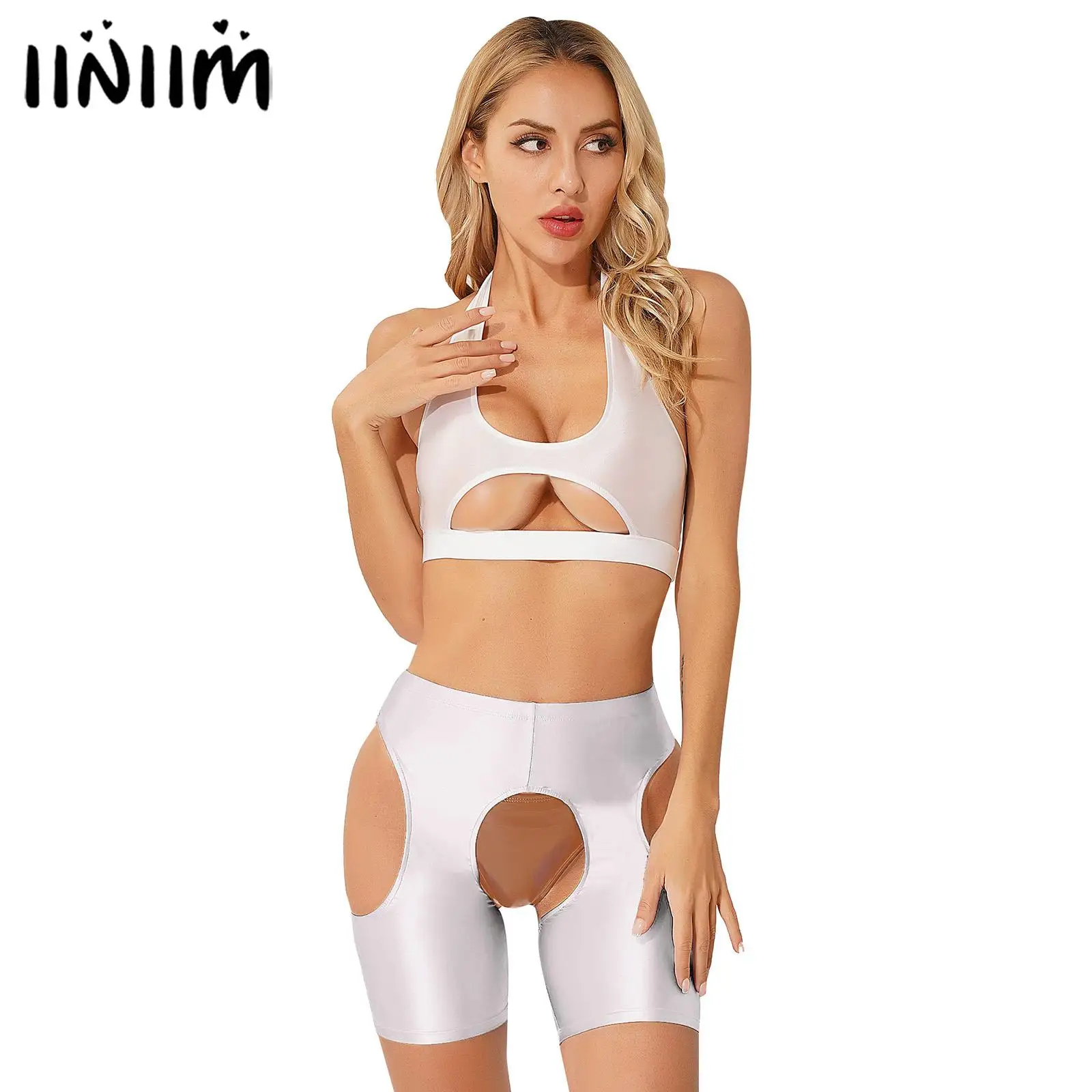 

Womens Glossy Stretchy Sexy Lingerie Set Halter Cutout Backless Crop Top with Crotchless Side Hollow Out Shorts Rave Clubwear