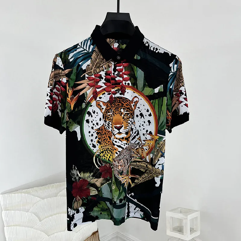 

Summer Europe Style Fashion Men's High Quality Leopard Polo Shirt C930