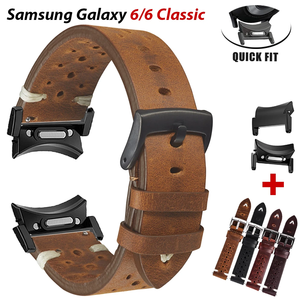 

Quick Fit Handmade Cowhide Breathable Band for Samsung Galaxy 6 Classic 47mm 43mm 40mm 44mm 5 Pro Oil Wax Genuine Leather Strap
