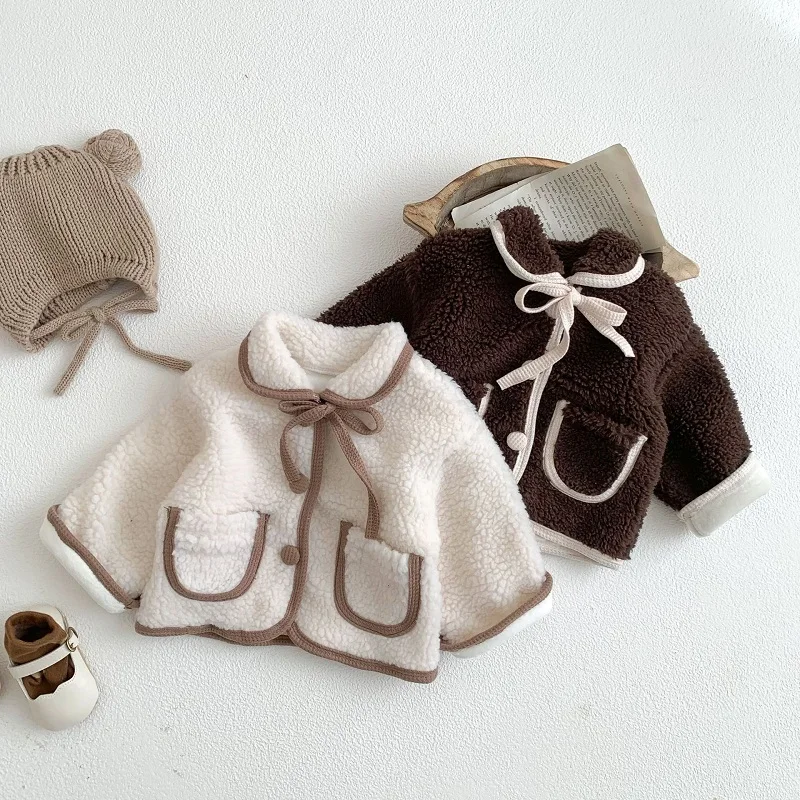 Baby Jacket Winter Baby Coat 0-3Years Newborn Boy Girl Lamb Wool Warm Jacket Pocket Velvet Cardigan Outwear Kids Clothes