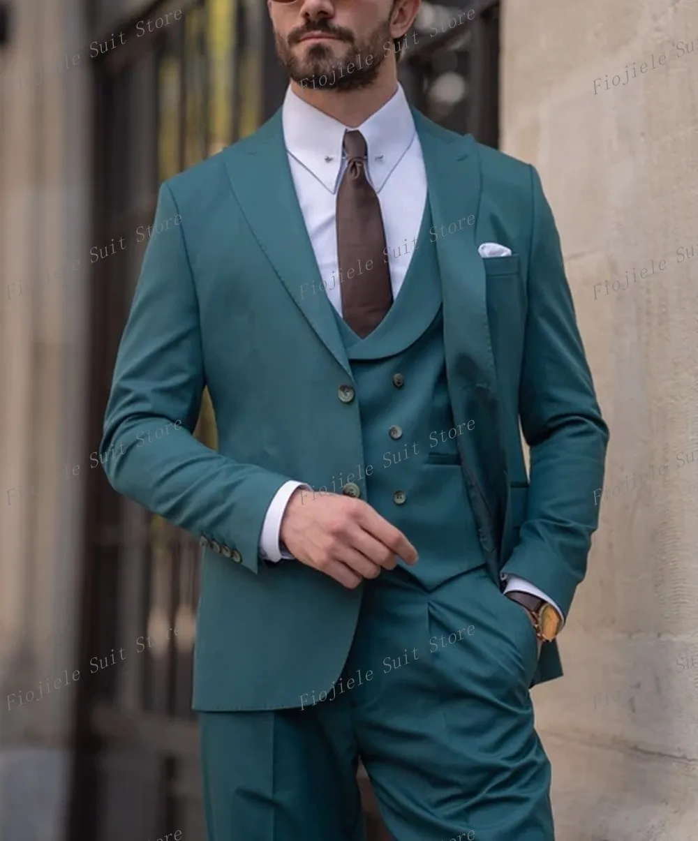 

New Bluish Green Business Suit Men Tuxedos Groom Groomsman Prom Wedding Party Formal 3 Piece Set Jacket Vest Pants B27
