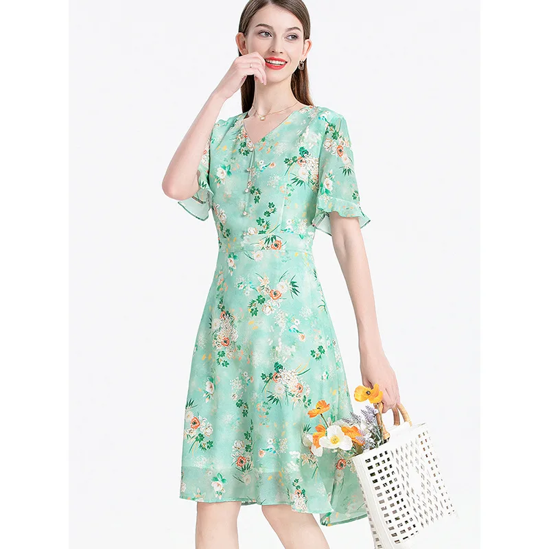 

Natural Silk Dress for Women, V-Neck, Slim, High Waist, Mulberry Silk Dress, Short Sleeves, Elegant Floral Printing Dresses