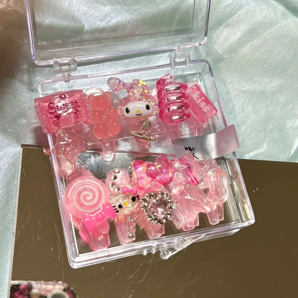 

Handmade Hello Kitty My Melody Kuromi Press On Nails Y2K Kawaii Cartoon False Nail Tips DIY Fake Nails Anime Toy Gift For Girl
