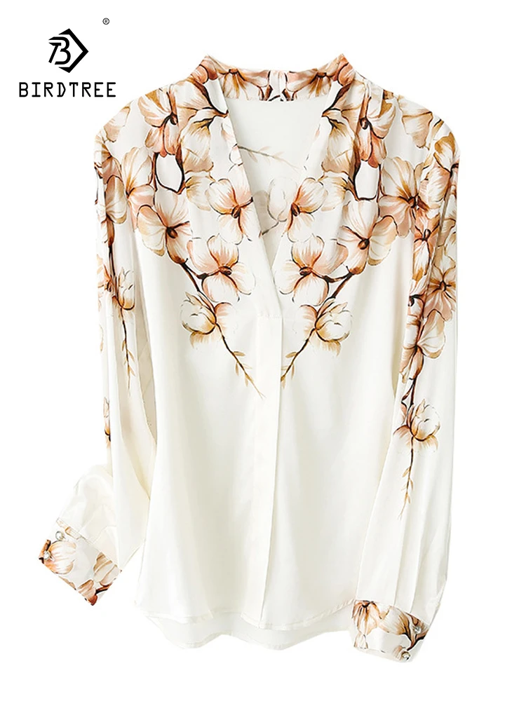 

Birdtree 90%Mulberry Silk 10%Spandex Women's Shirts Spring Summer Elegant Blouse V-neck Long Sleeve Floral Shirt Tops T37820QC