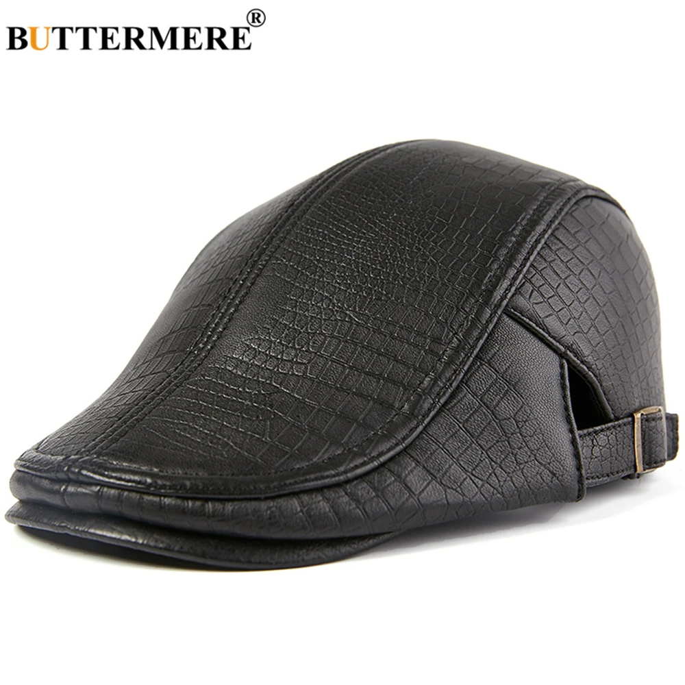 BUTTERMERE Men Beret Hat Real Leather Flat Cap Sheepskin Autumn Winter Male Brown Adjustable High Quality  Mens Beret Caps 3