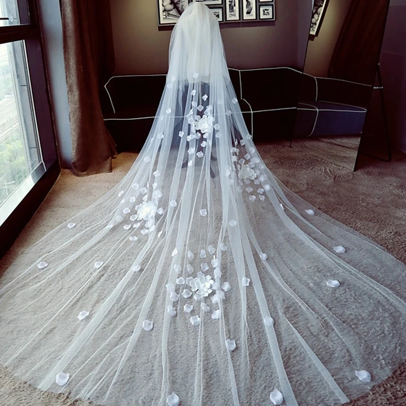 

Wholesale Cathedral Wedding Veil With 3D Flower Bride Mariage Bridal Veils Welon katedralny Cheap Wedding Velo De Novia