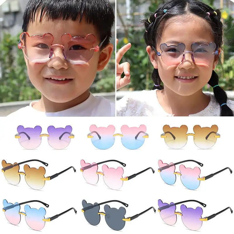 Kids Sunglasses Cartoon Bear Sunglasses for Boy Girl Gradient Rimless Outdoor Anti-Glare UV400 Sun Glasses