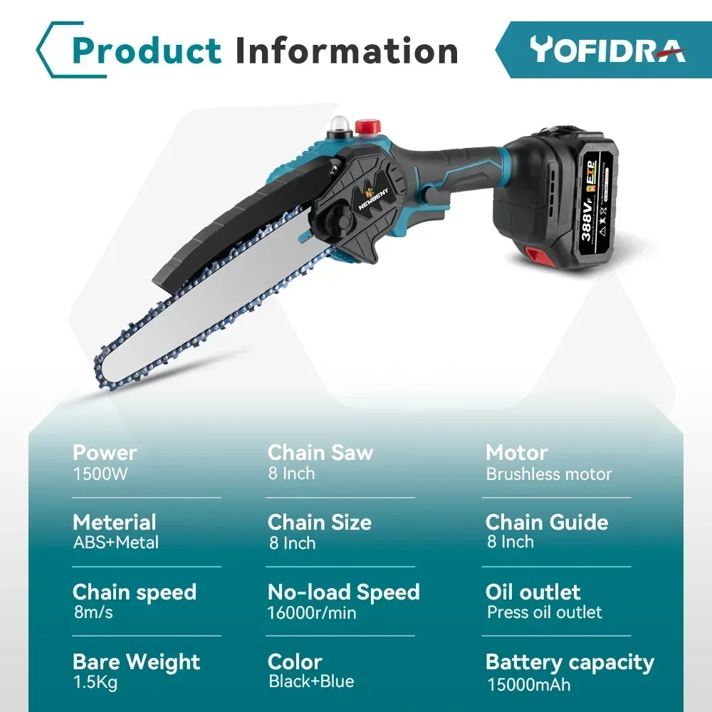 electric chainsaw 8 Inch Brushless Cordless Oiler Handheld Garden Wood Cutting Logging Chainsaw Power Tool For Makita 18V Battery Pin