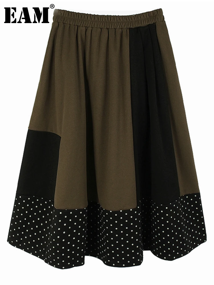 

[EAM] High Elastic Waist Brown Dot Color-block Casual A-line Half-body Skirt Women Fashion Tide New Spring Autumn 2024 1DH3731
