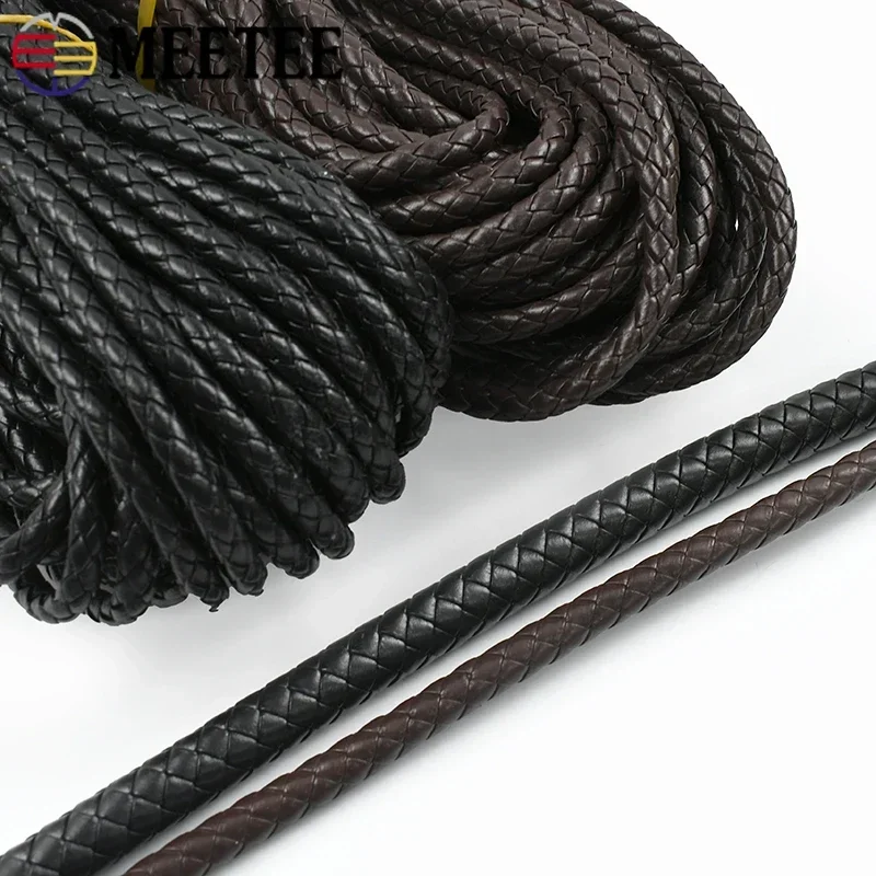 PU Leather Braided Cord Round Rope DIY Jewelry Making Keychain Bracelet Craft Supplies 5Meters 3-10mm Black Coffee Macrame