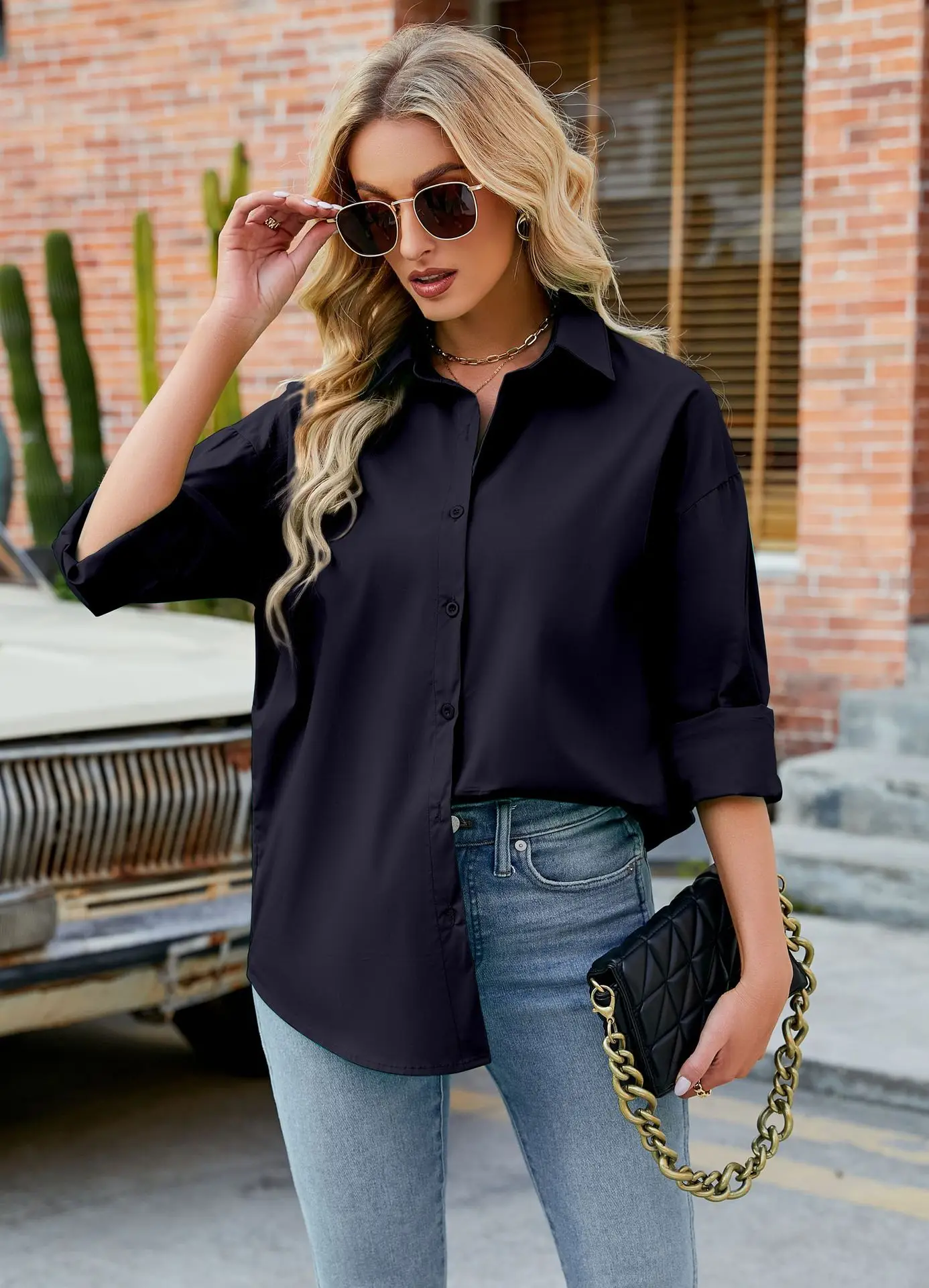 Womens Clothing V-neck Solid Button Long Sleeve Casual Blouse