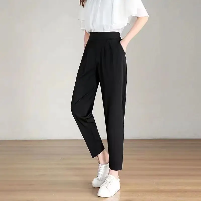 Fashion for Women 2023 Summer New Thin Style Elastic High Waist Straight Pants Pockets Loose Black Versatile Harlan Trousers