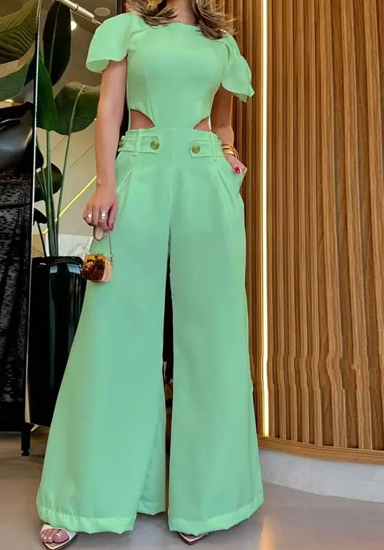 

Jumpsuit Women 2023 Summer Fashion Waist Hollow Pocket Design Casual Solid Color Round Neck Short Sleeve Wide Leg Daily Jumpsuit