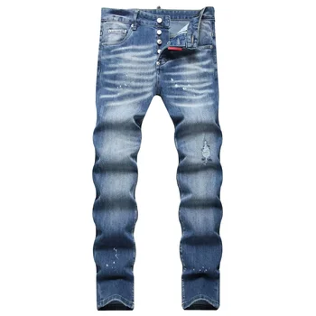 2025 Jeans strappati da uomo Marchio di lusso Fori azzurri Pantaloni lunghi Pantaloni slim elasticizzati moda maschile di qualità Jeans skinny da uomo 1