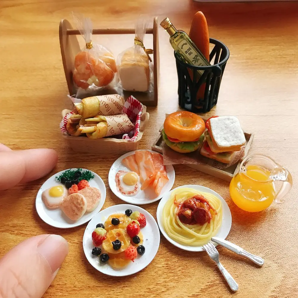 NEW Cute 1/6 Scale Dollhouse Miniature Breakfast Mini Bread Waffle Bacon Bagel Clay Food for Doll Kitchen Toys Accessories 2