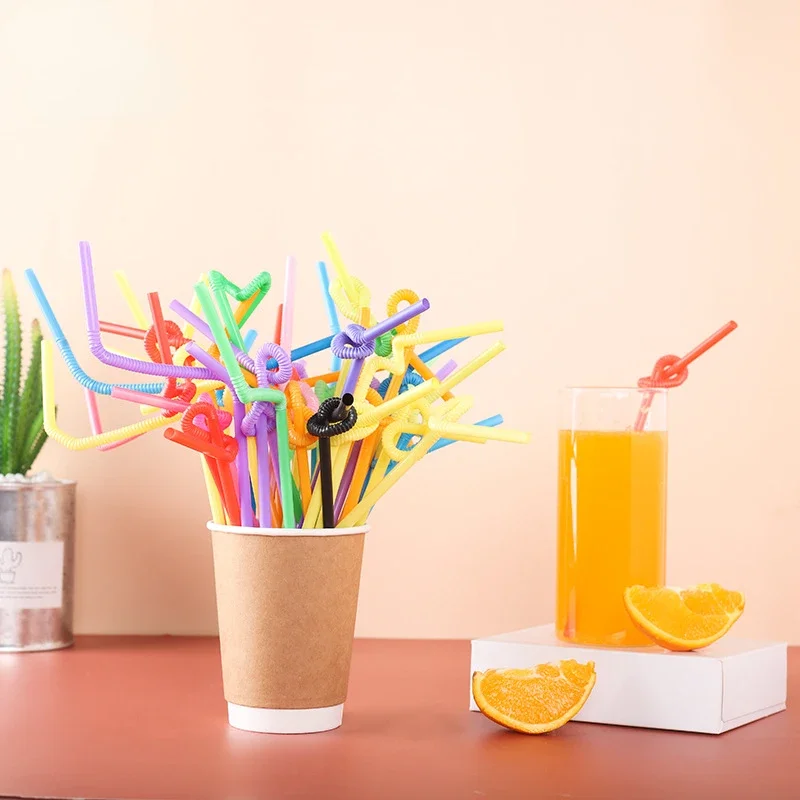 100Pcs Drinking Plastic Straws Colorful Art Long Flexible Wedding Party Supplies Plastic Drinking Straws Kitchen Accessories