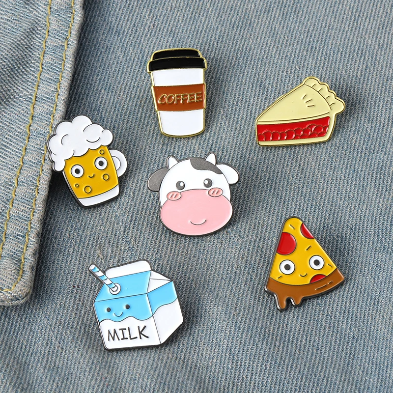 

Daily Foods Enamel Pins Custom Pizza Milk Beer Coffee Cows Brooch Lapel Badge Bag Cartoon Jewelry Gift for Kids Friends