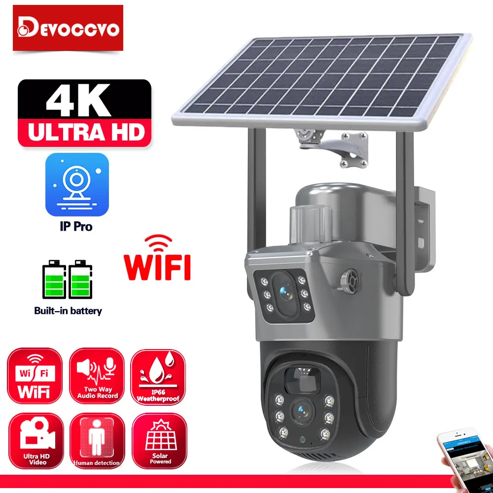 4K Auto Tracking Cctv Wifi Ptz Ip Camera Solar Powered Outdoor Dual Lens 4G Wireless Security Surveillance Camera Audio A 2 Vie