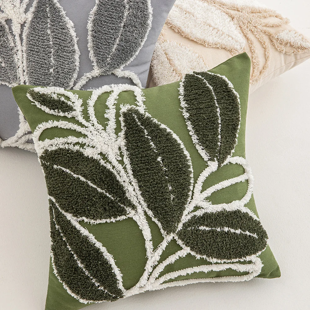 

Leaf Tufted Pillowcase Modern Style Plant Cartoon Pattern Soft Fabric Home Decoration Bed Bedroom Living Room Sofa Cushion Cover