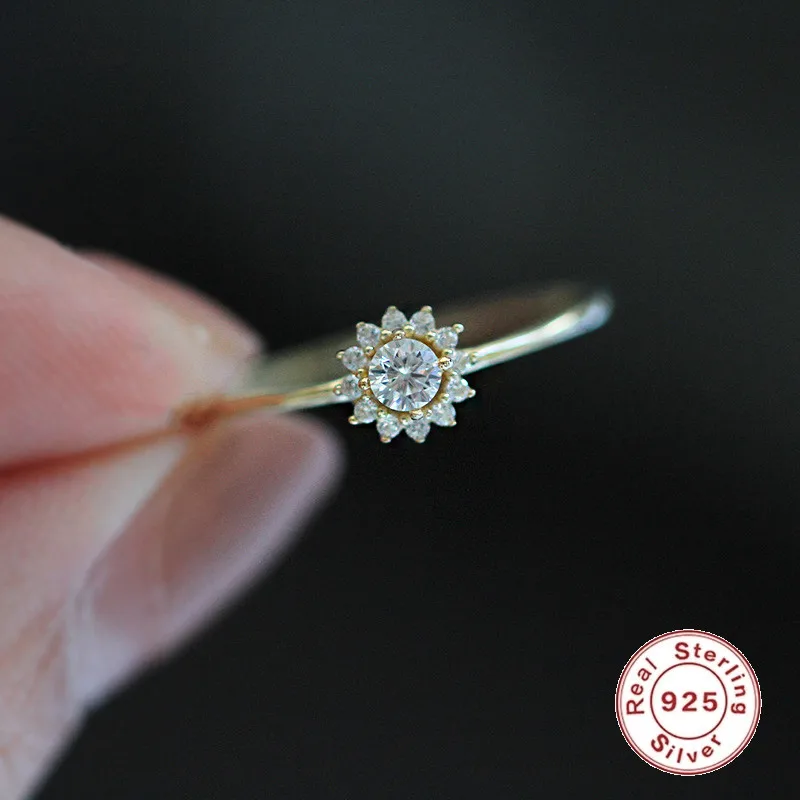 

CCFJOYAS 100% 925 Sterling Silver Sunflower Slim Rings Minimalist White Zircon Crystal Flower Ring for Women Finger Jewelry Gift